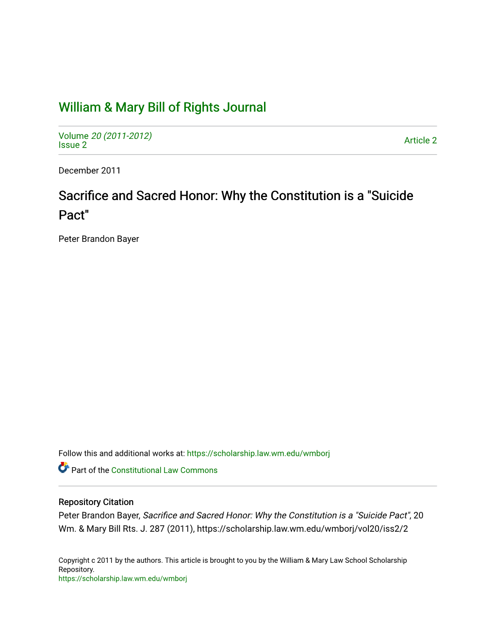 Sacrifice and Sacred Honor: Why the Constitution Is a 