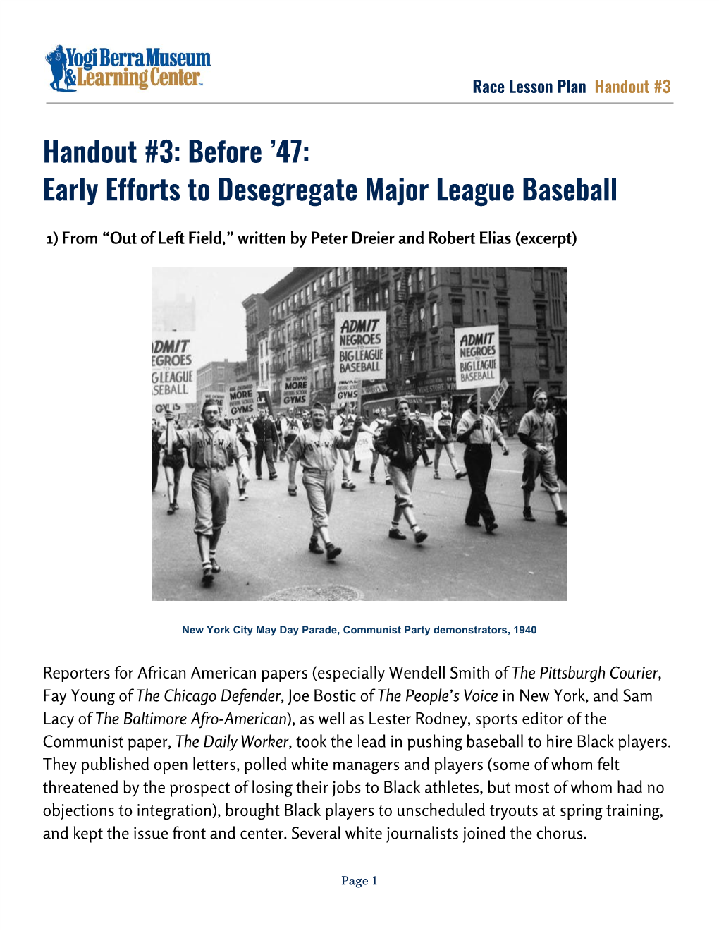 Handout #3: Before '47: Early Efforts to Desegregate Major League Baseball