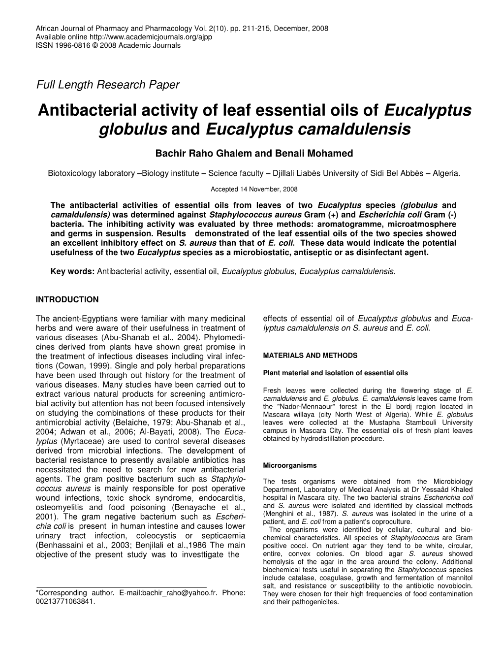 Antibacterial Activity of Leaf Essential Oils of Eucalyptus Globulus and Eucalyptus Camaldulensis