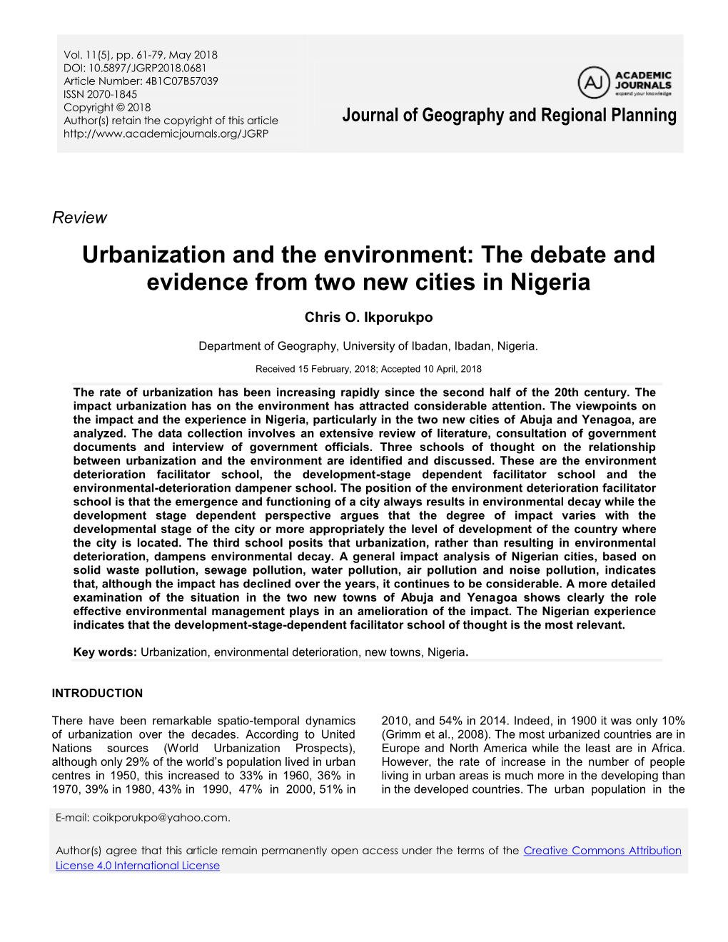 Urbanization and the Environment: the Debate and Evidence from Two New Cities in Nigeria