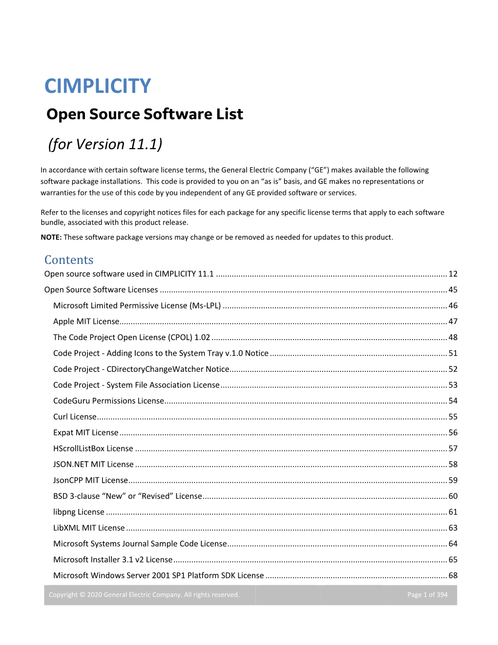 CIMPLICITY Open Source Software List