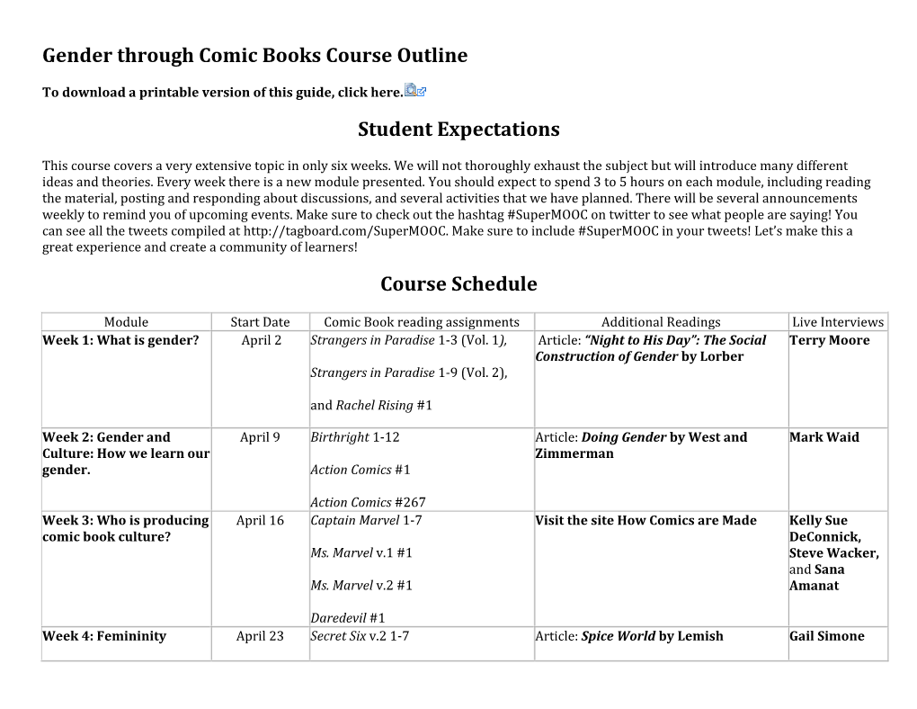 Gender Through Comic Books Course Outline Student Expectations