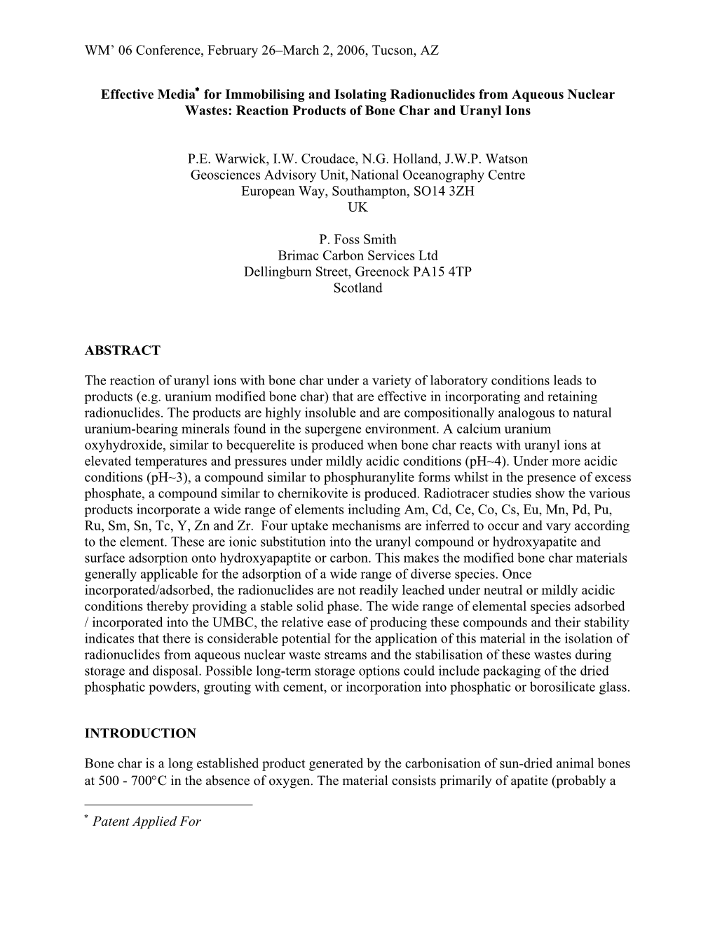 Reaction of Uranyl Ions with Bone Char : Application for the Isolation And