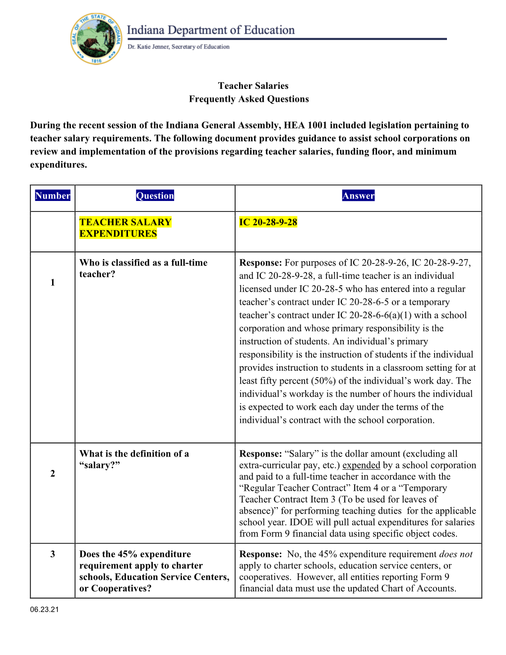 FAQ Regarding Legislation Pertaining to Teacher Salary Requirements