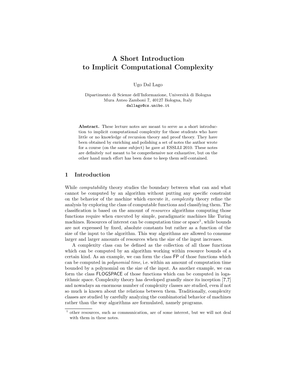 A Short Introduction to Implicit Computational Complexity