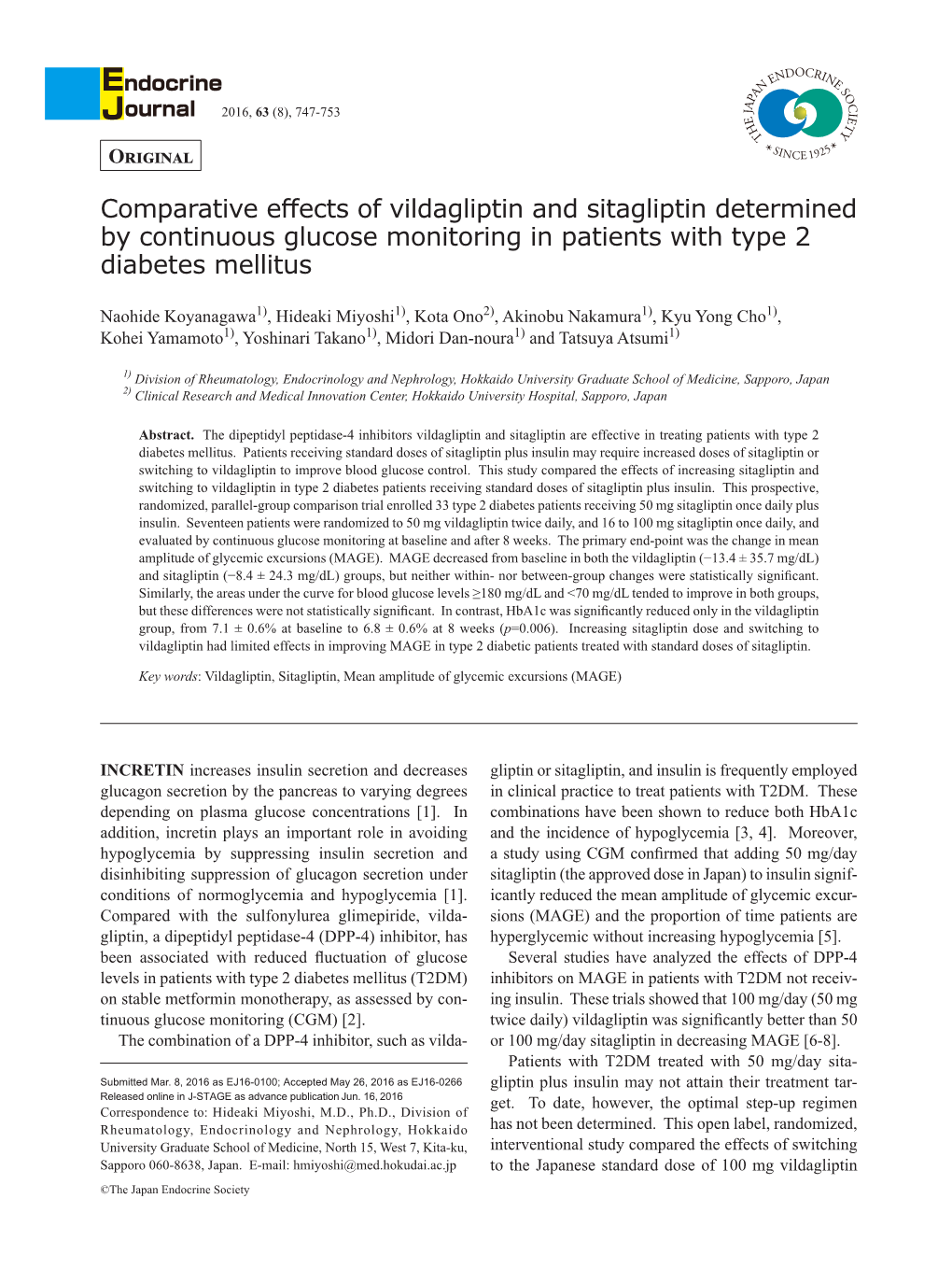 Comparative Effects of Vildagliptin and Sitagliptin Determined by Continuous Glucose Monitoring in Patients with Type 2 Diabetes Mellitus