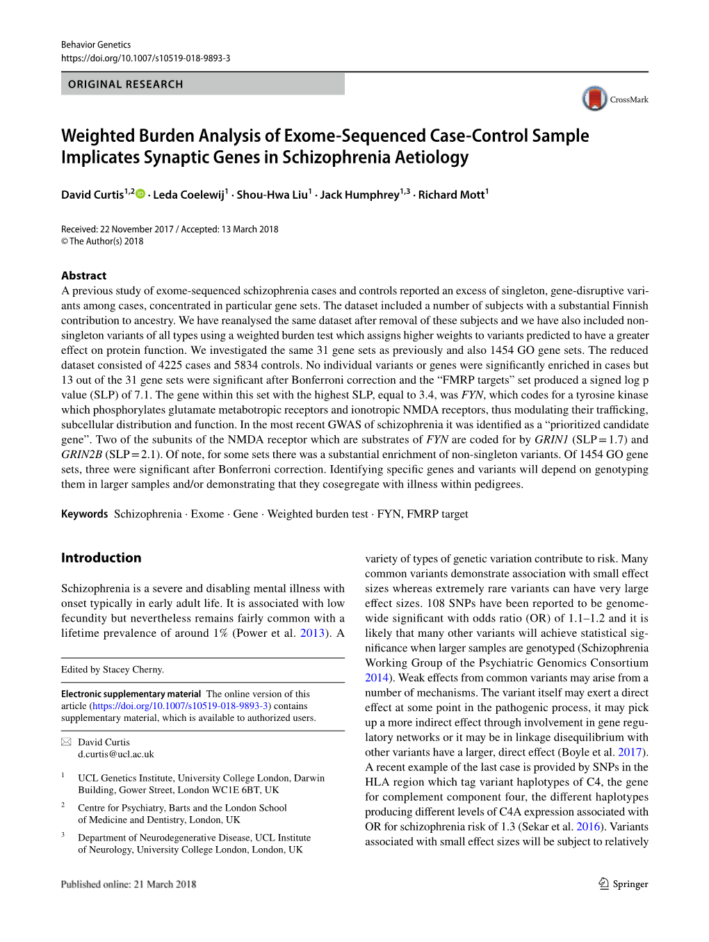 Weighted Burden Analysis of Exome-Sequenced Case-Control Sample Implicates Synaptic Genes in Schizophrenia Aetiology