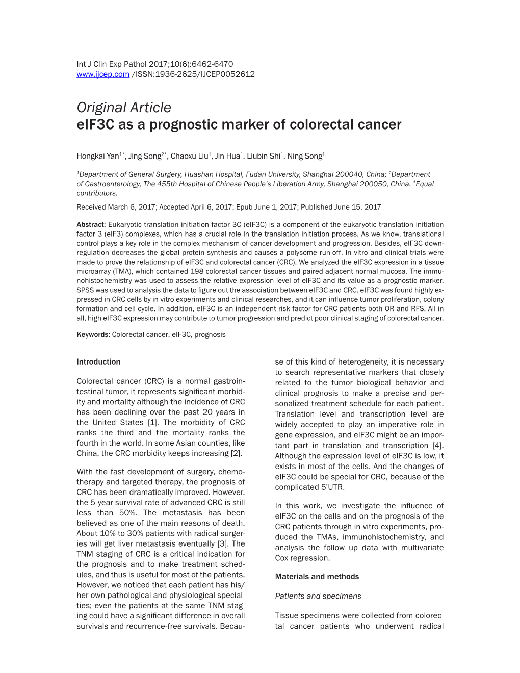 Original Article Eif3c As a Prognostic Marker of Colorectal Cancer