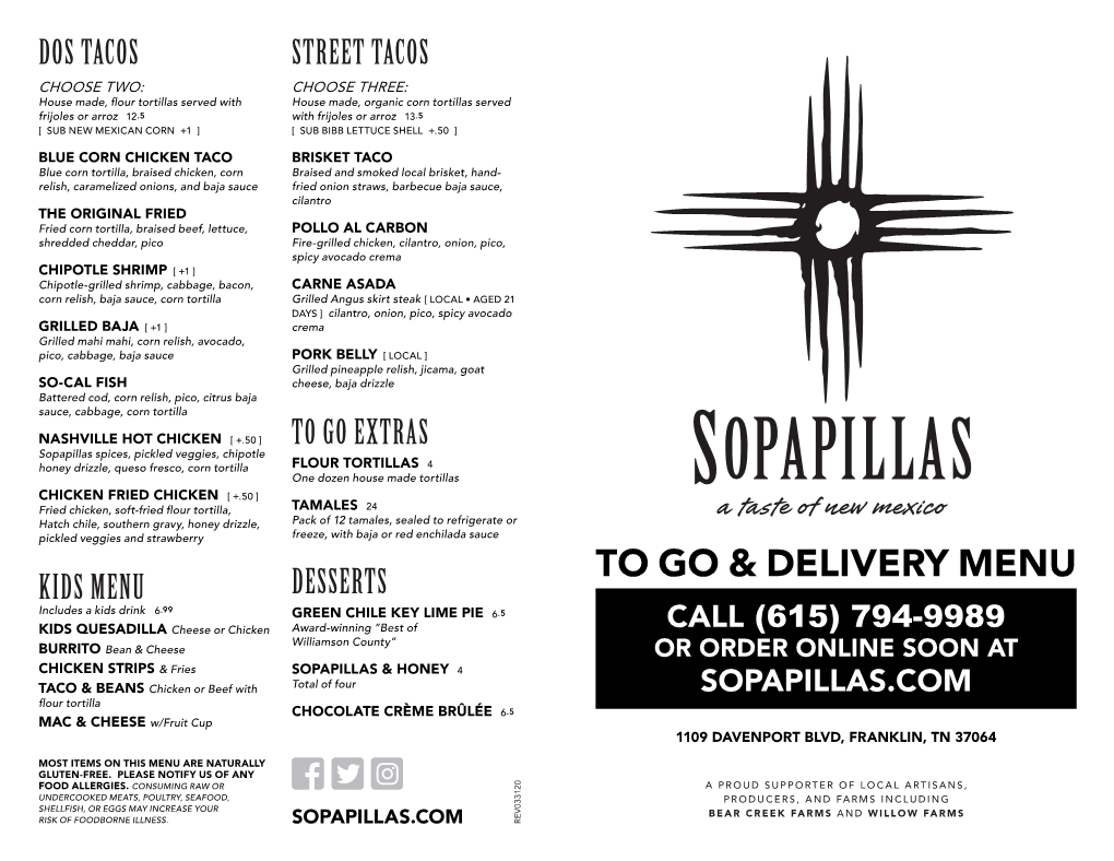 To Go & Delivery Menu