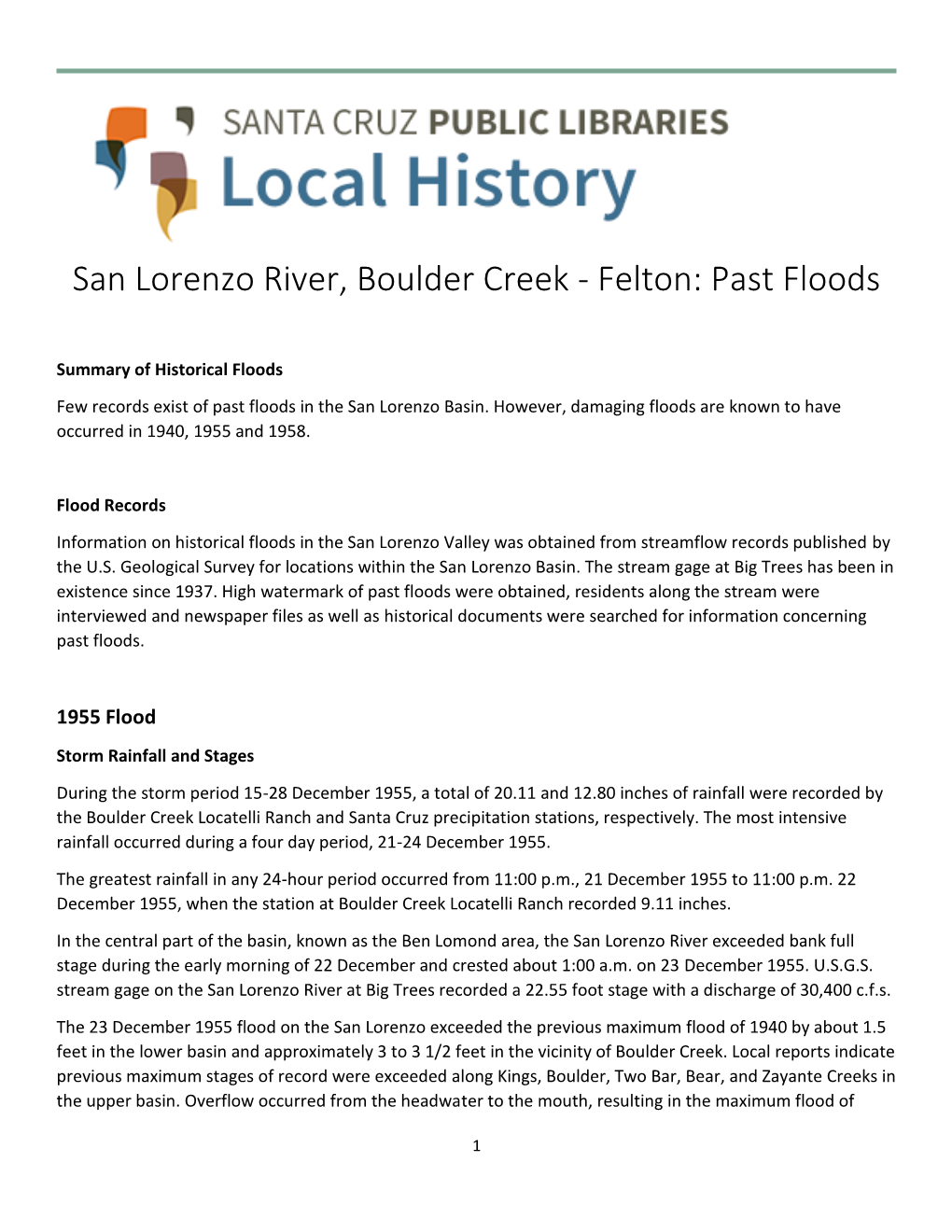 San Lorenzo River, Boulder Creek - Felton: Past Floods