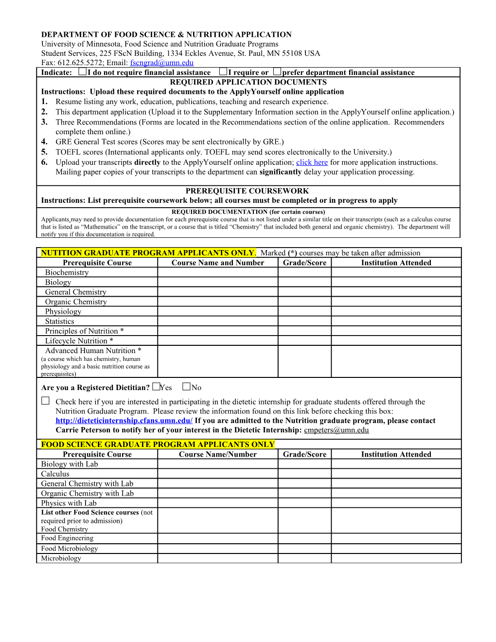 Department of Food Science and Nutrition (Fscn) Application Form