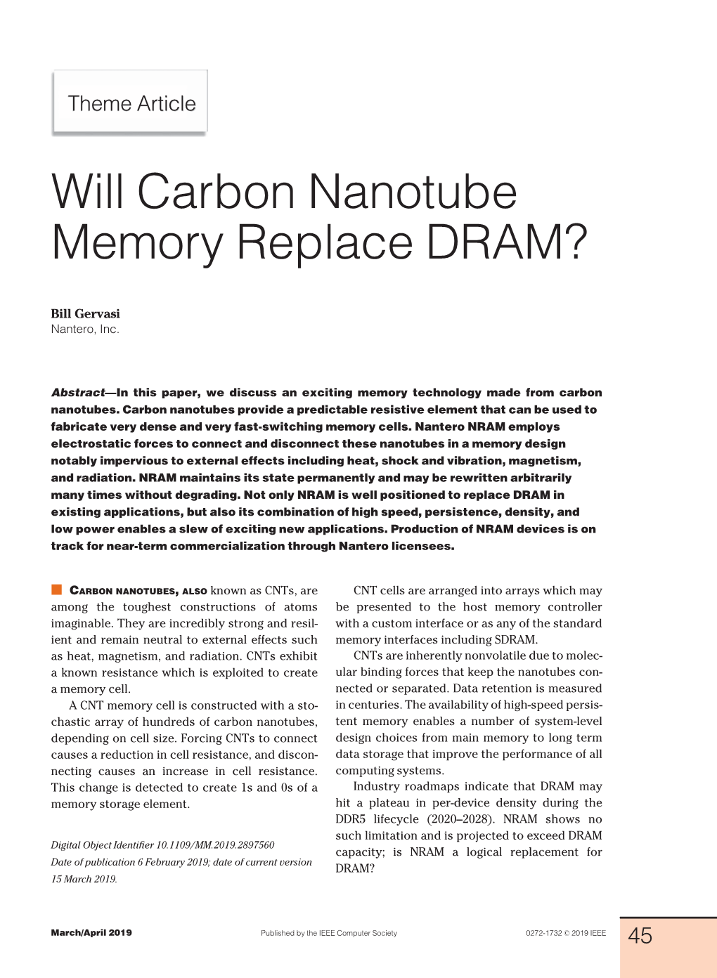 Will Carbon Nanotube Memory Replace DRAM?