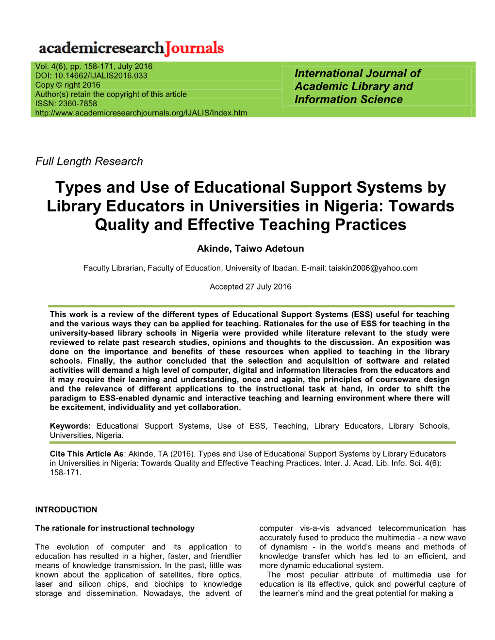 Types and Use of Educational Support Systems by Library Educators in Universities in Nigeria: Towards Quality and Effective Teaching Practices