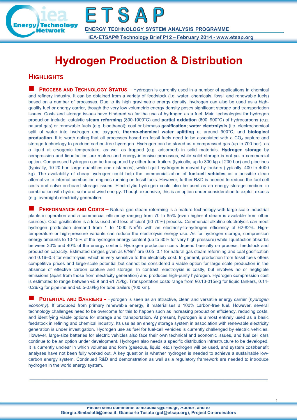 Hydrogen Production & Distribution