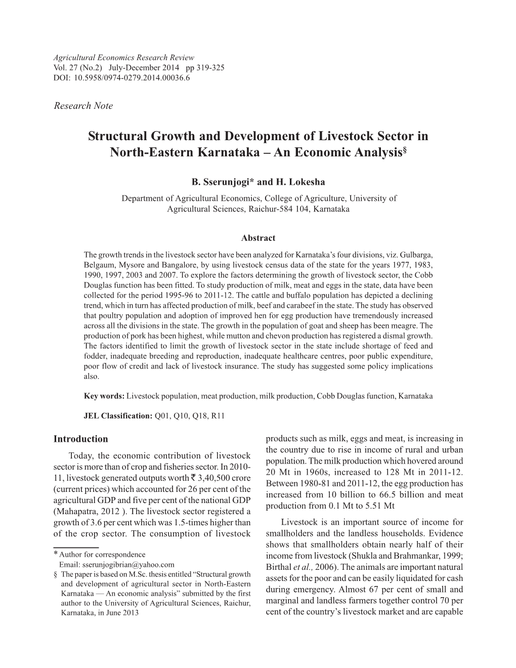 Structural Growth and Development of Livestock Sector in North-Eastern Karnataka – an Economic Analysis§