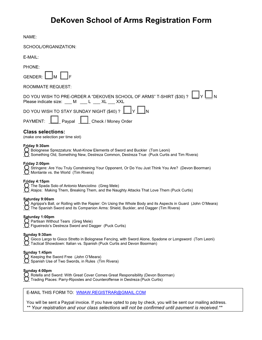 Dekoven School of Arms Registration Form