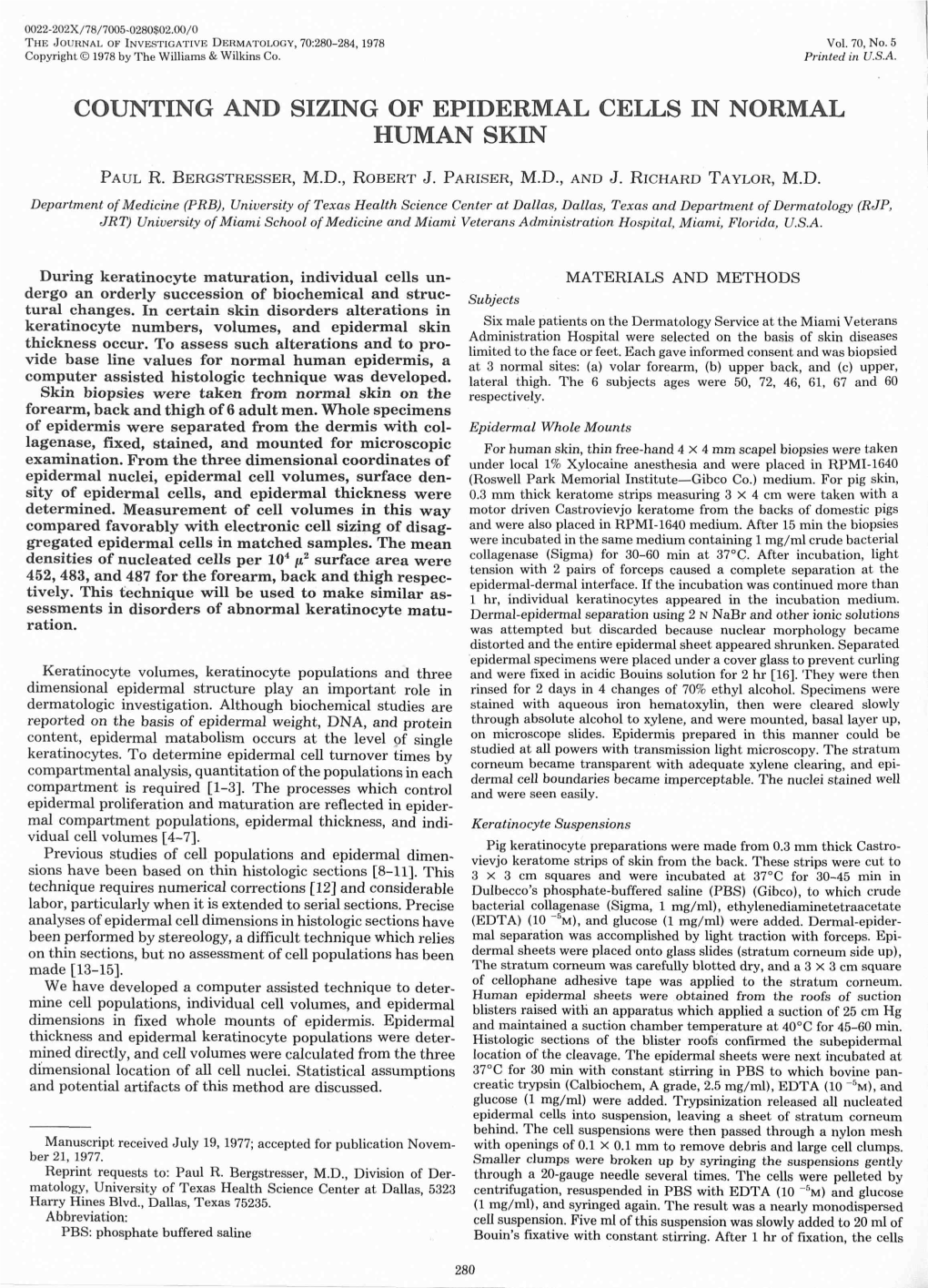 Counting and Sizing of Epidermal Cells in Normal Human Skin