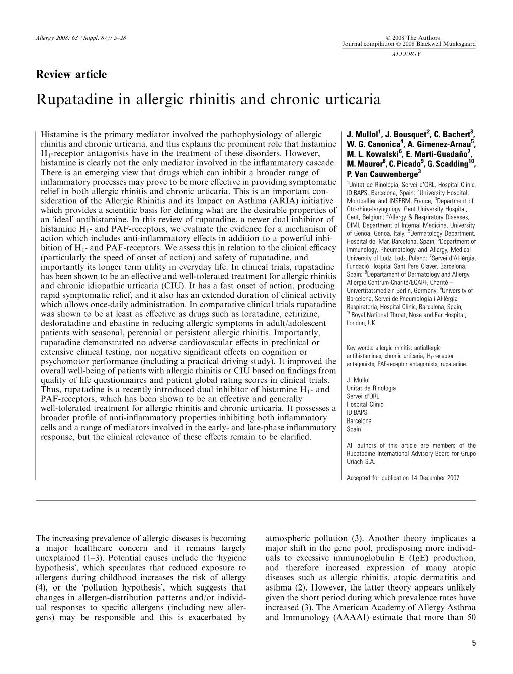 Rupatadine in Allergic Rhinitis and Chronic Urticaria