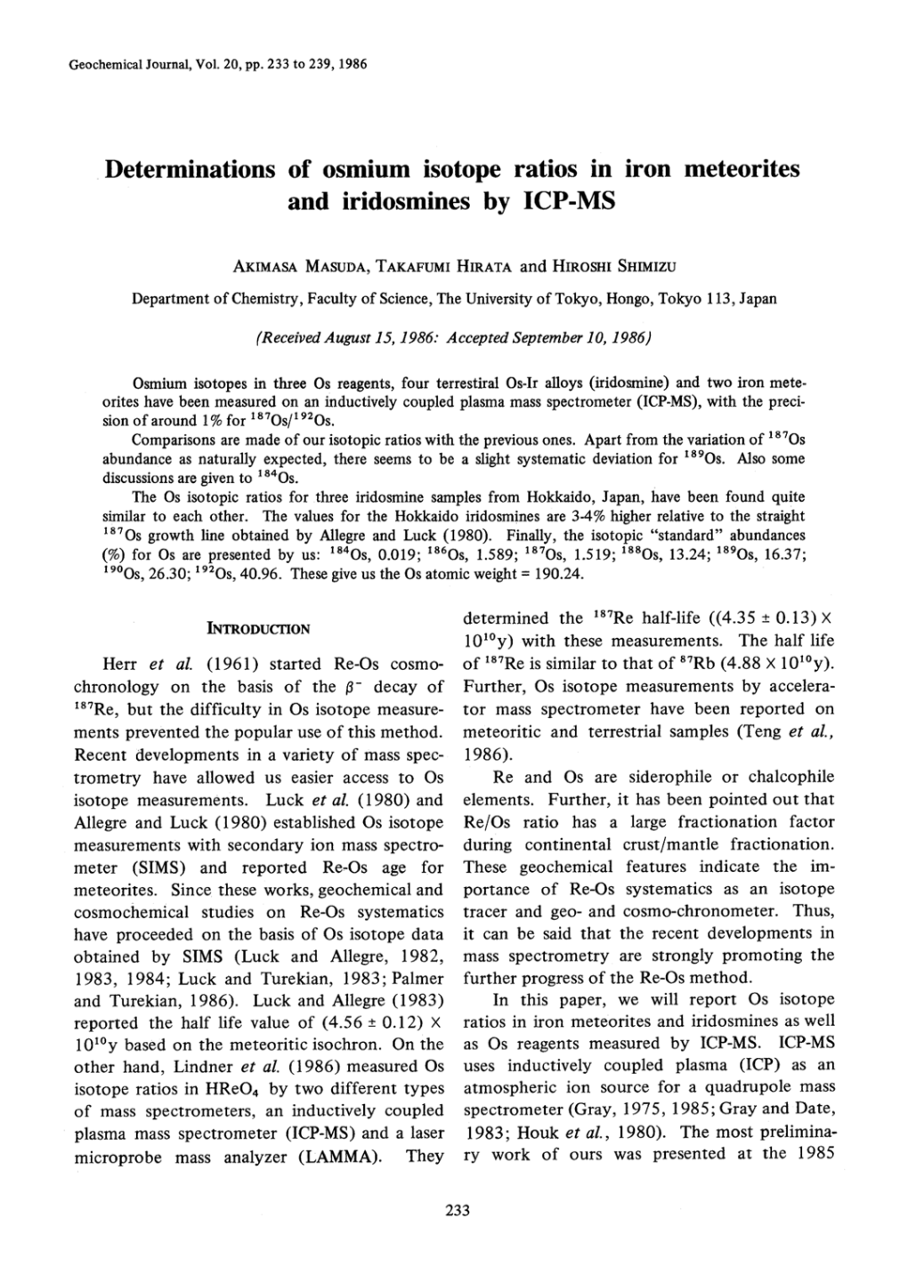 Determinations of Osmium Isotope Ratios in Iron Meteorites and Iridosmines by ICP-MS