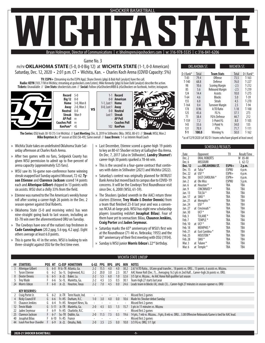 At WICHITA STATE(1-1, 0-0 American) Saturday, Dec. 12, 2020