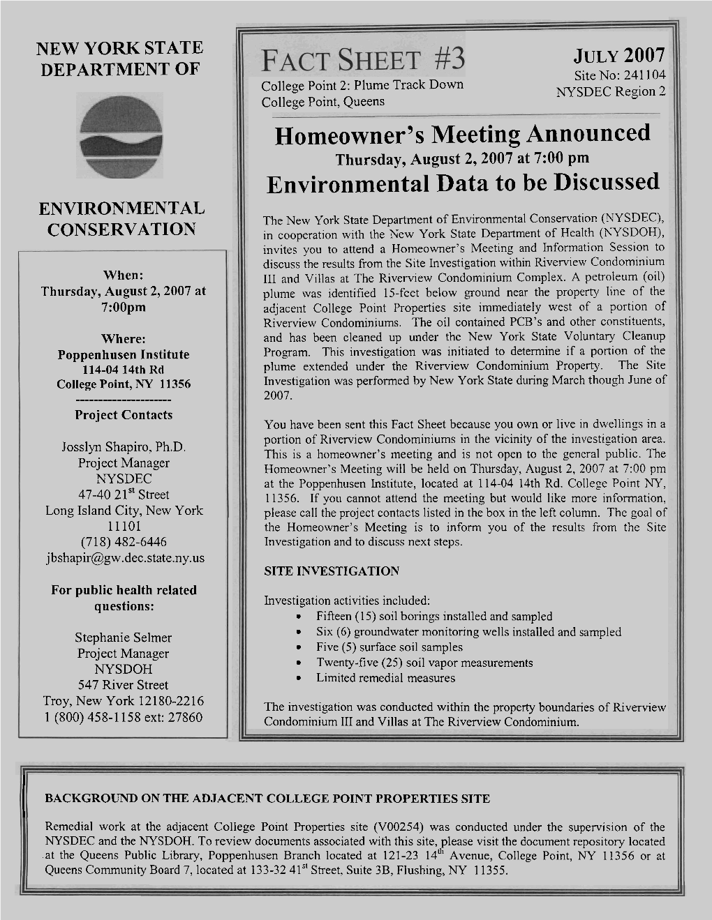 Homeowner's Meeting Announced Environmental Data to Be Discussed