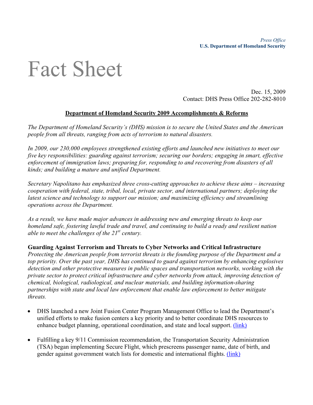 Department of Homeland Security 2009 Accomplishments & Reforms