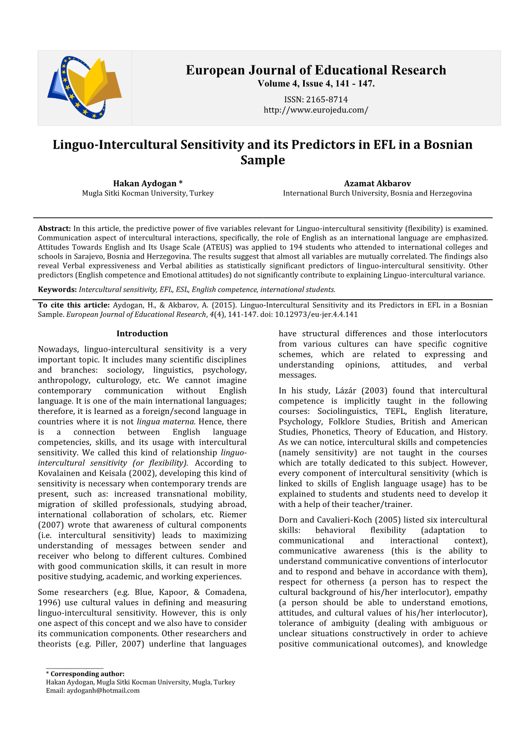 Linguo-Intercultural Sensitivity and Its Predictors in EFL in a Bosnian Sample