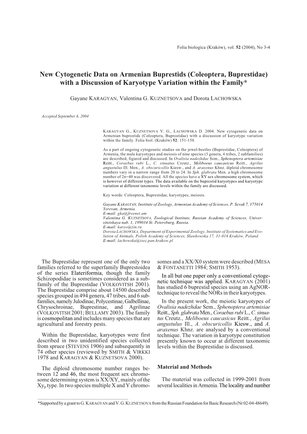 Coleoptera, Buprestidae) with a Discussion of Karyotype Variation Within the Family*