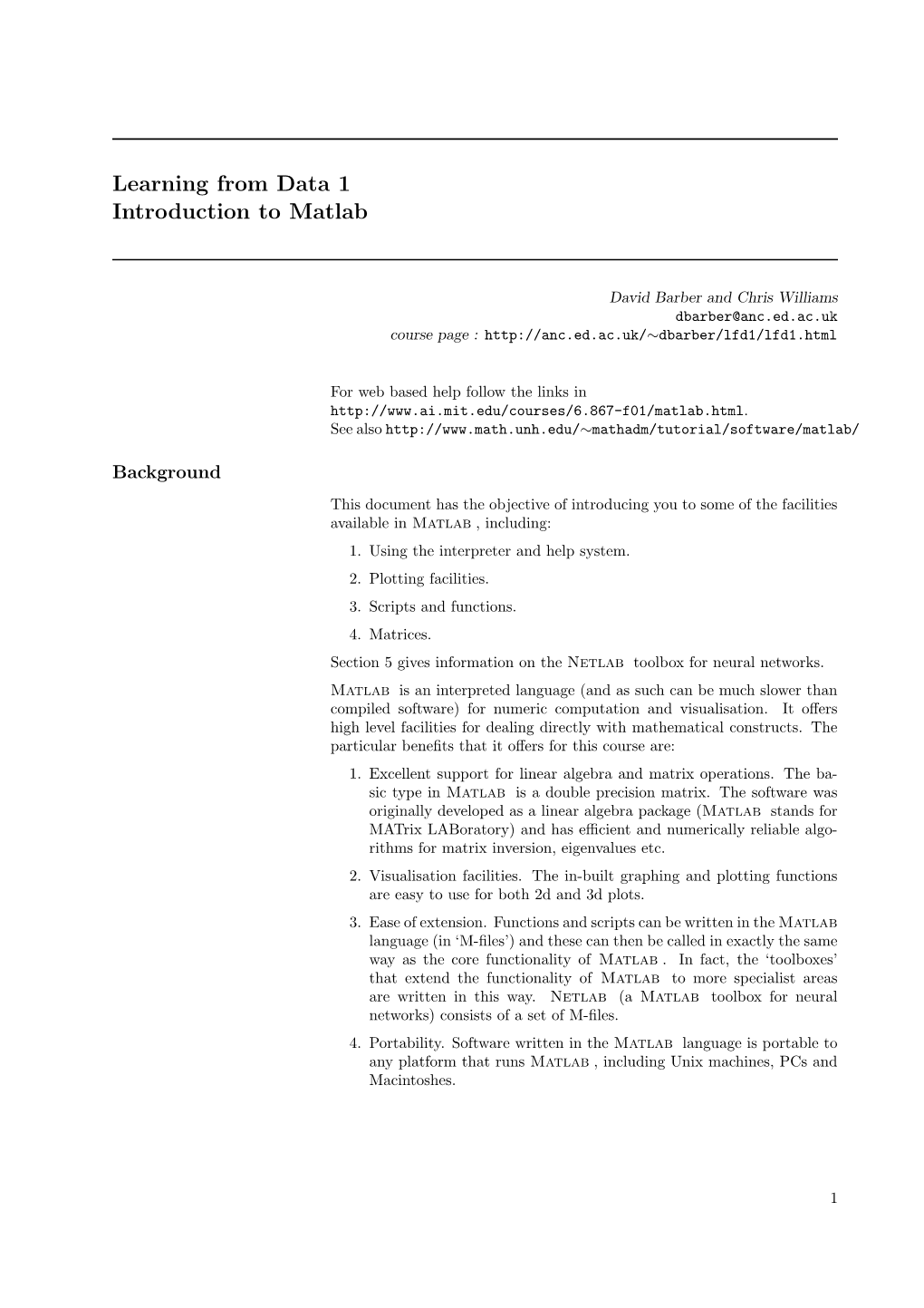 Learning from Data 1 Introduction to Matlab