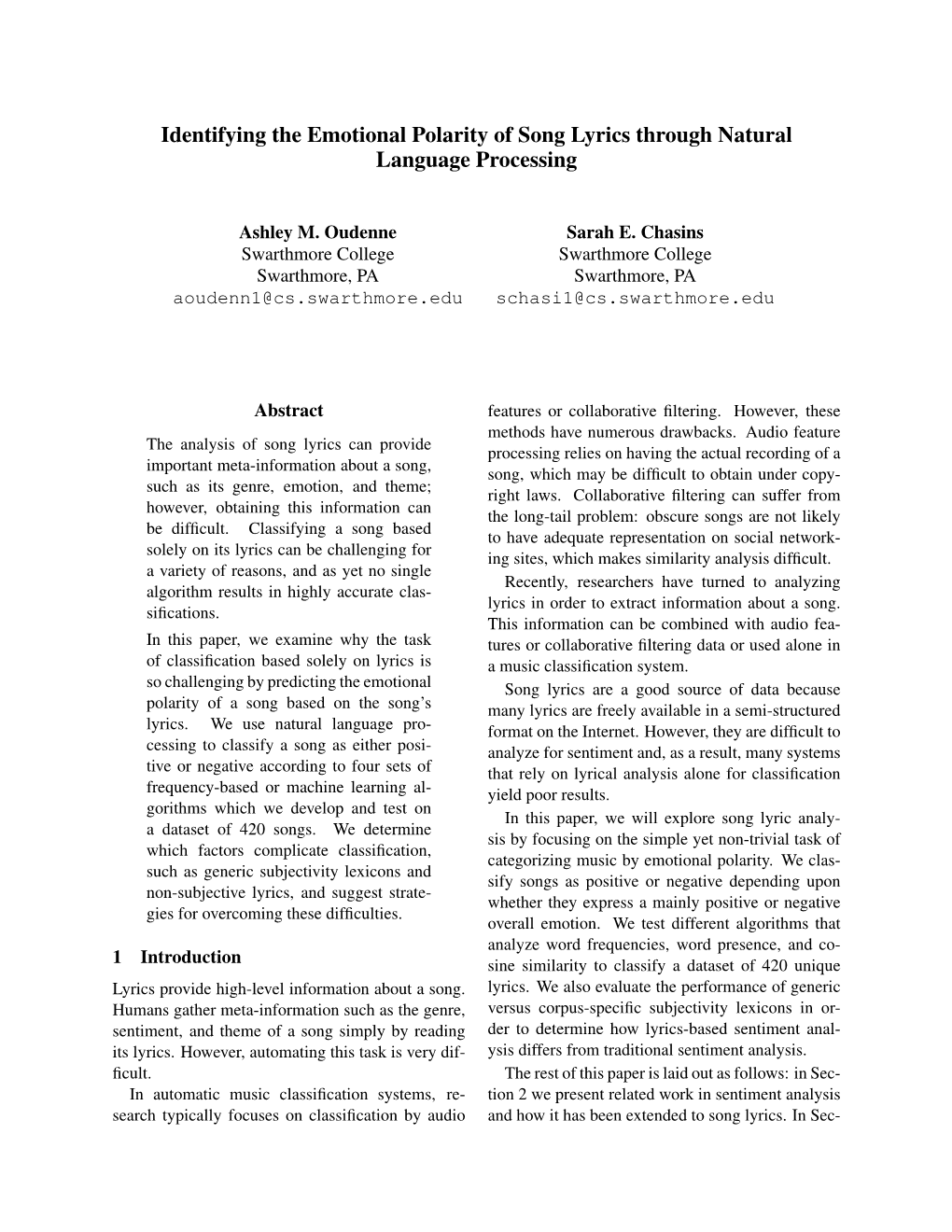 Identifying the Emotional Polarity of Song Lyrics Through Natural Language Processing