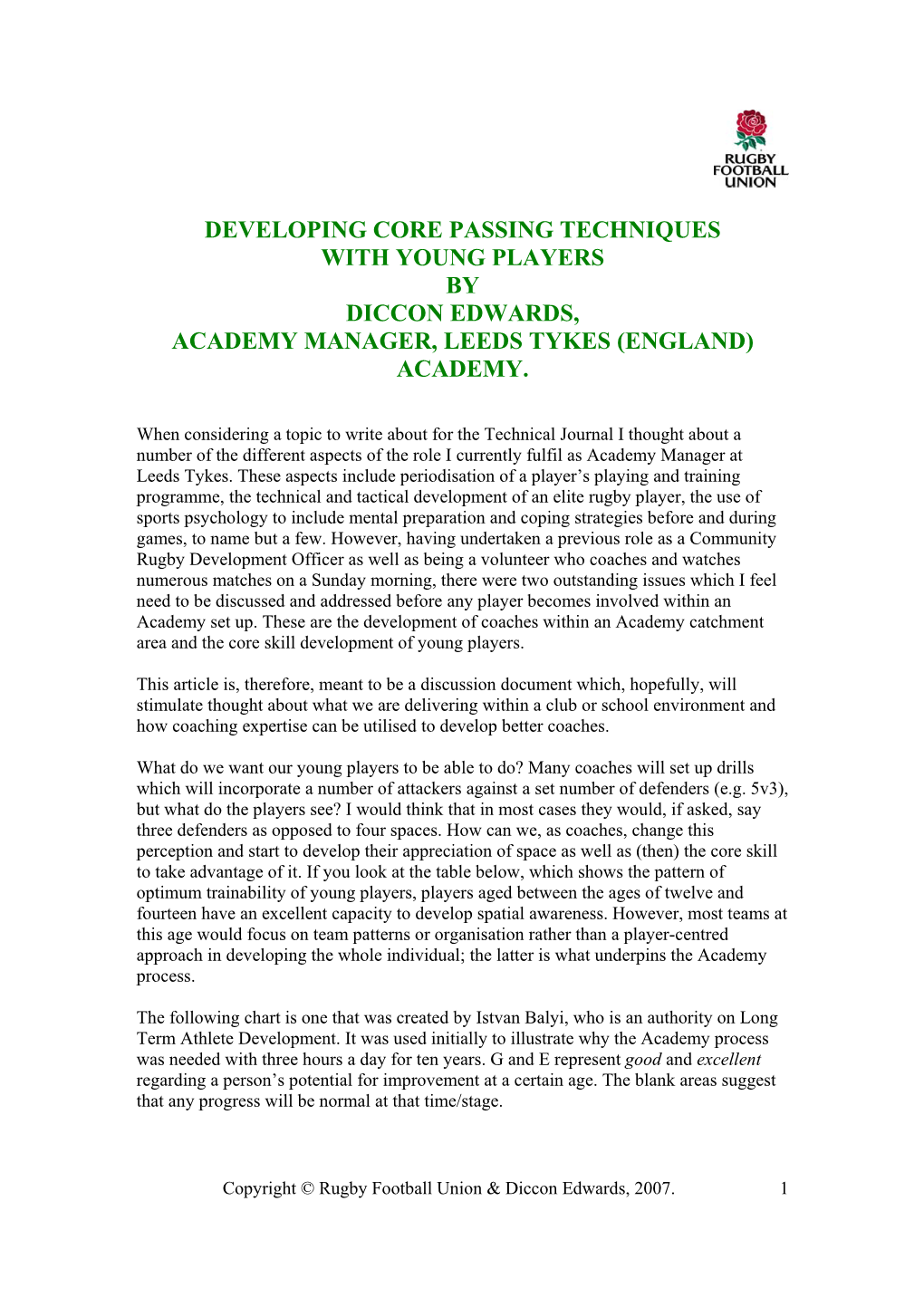 Developing Core Passing Techniques with Young Players by Diccon Edwards, Academy Manager, Leeds Tykes (England) Academy