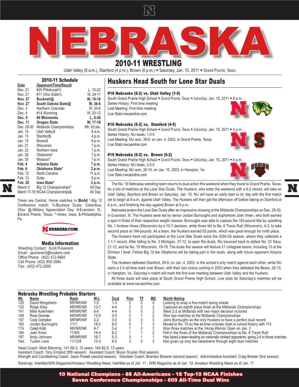 2010-11 WRESTLING Utah Valley (8 A.M.), Stanford (4 P.M.), Brown (6 P.M.) • Saturday, Jan