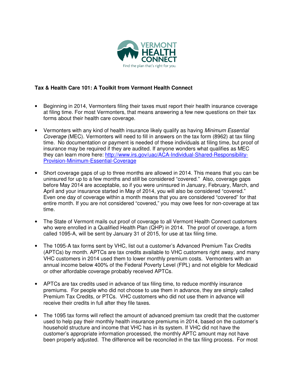 Tax & Health Care 101: a Toolkit from Vermont Health Connect