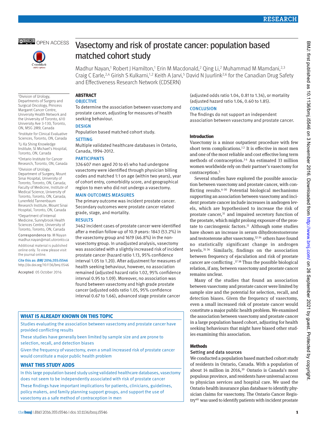 Vasectomy and Risk of Prostate Cancer: Population Based BMJ: First Published As 10.1136/Bmj.I5546 on 3 November 2016