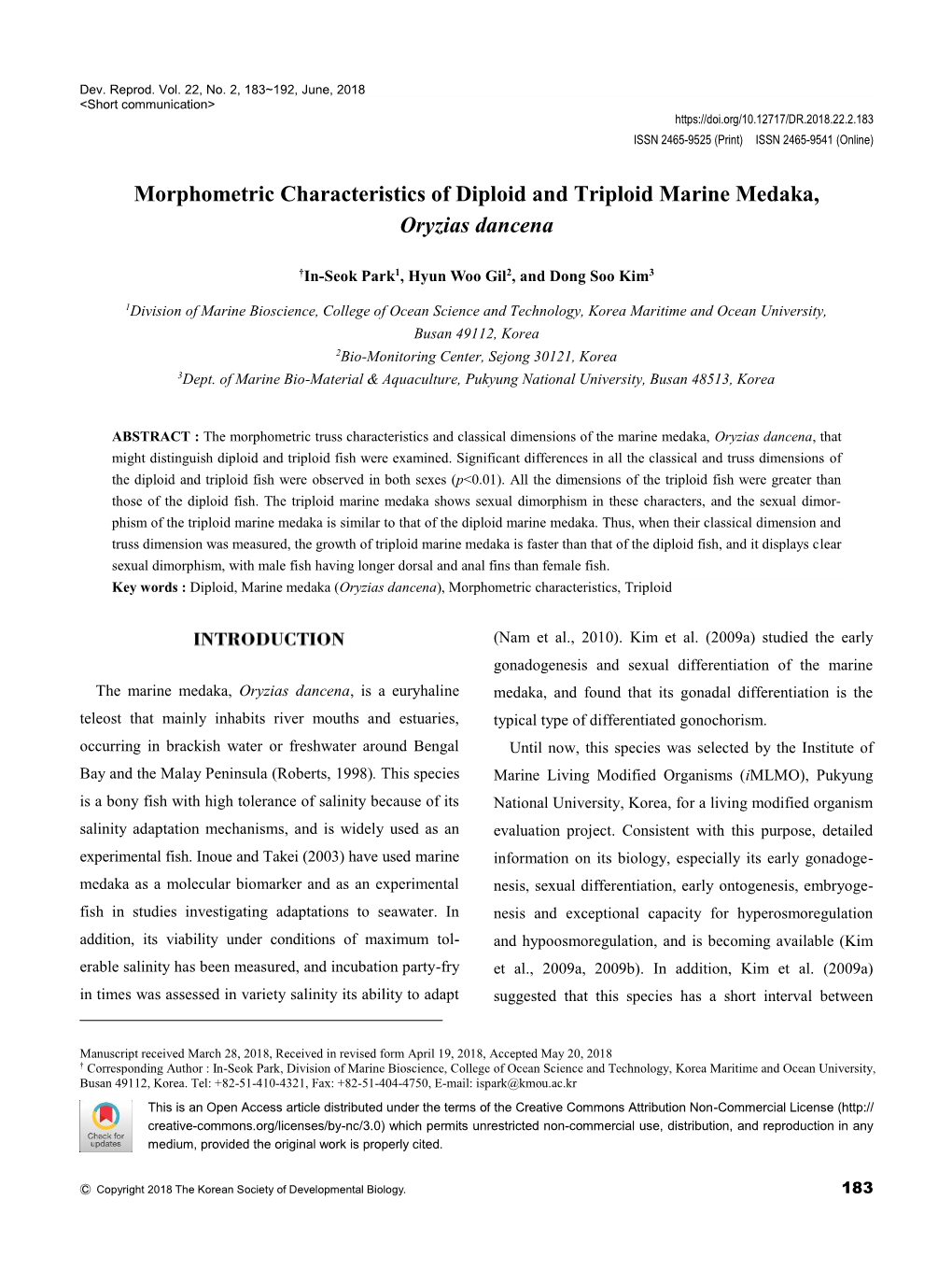 Morphometric Characteristics of Diploid and Triploid Marine Medaka, Oryzias Dancena