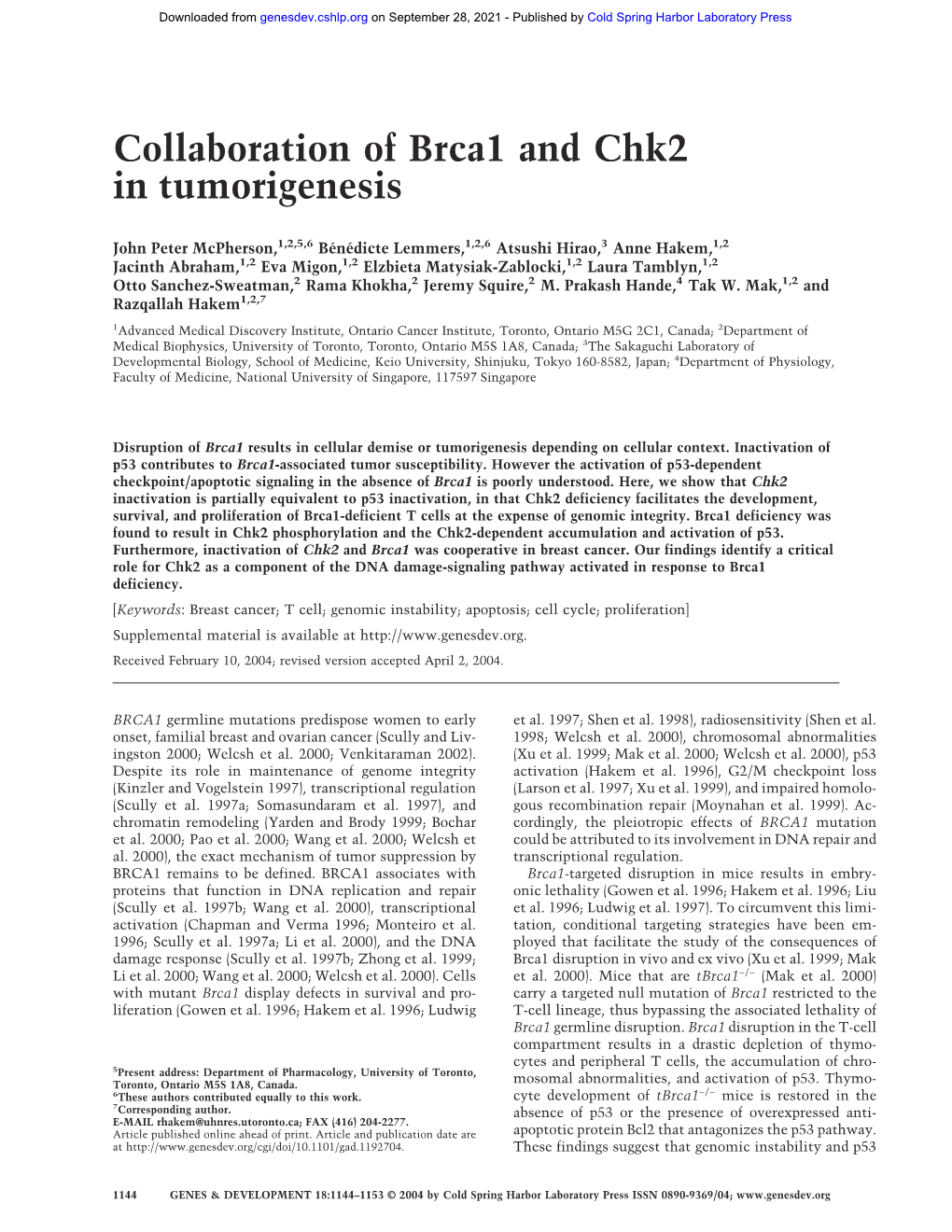 Collaboration of Brca1 and Chk2 in Tumorigenesis