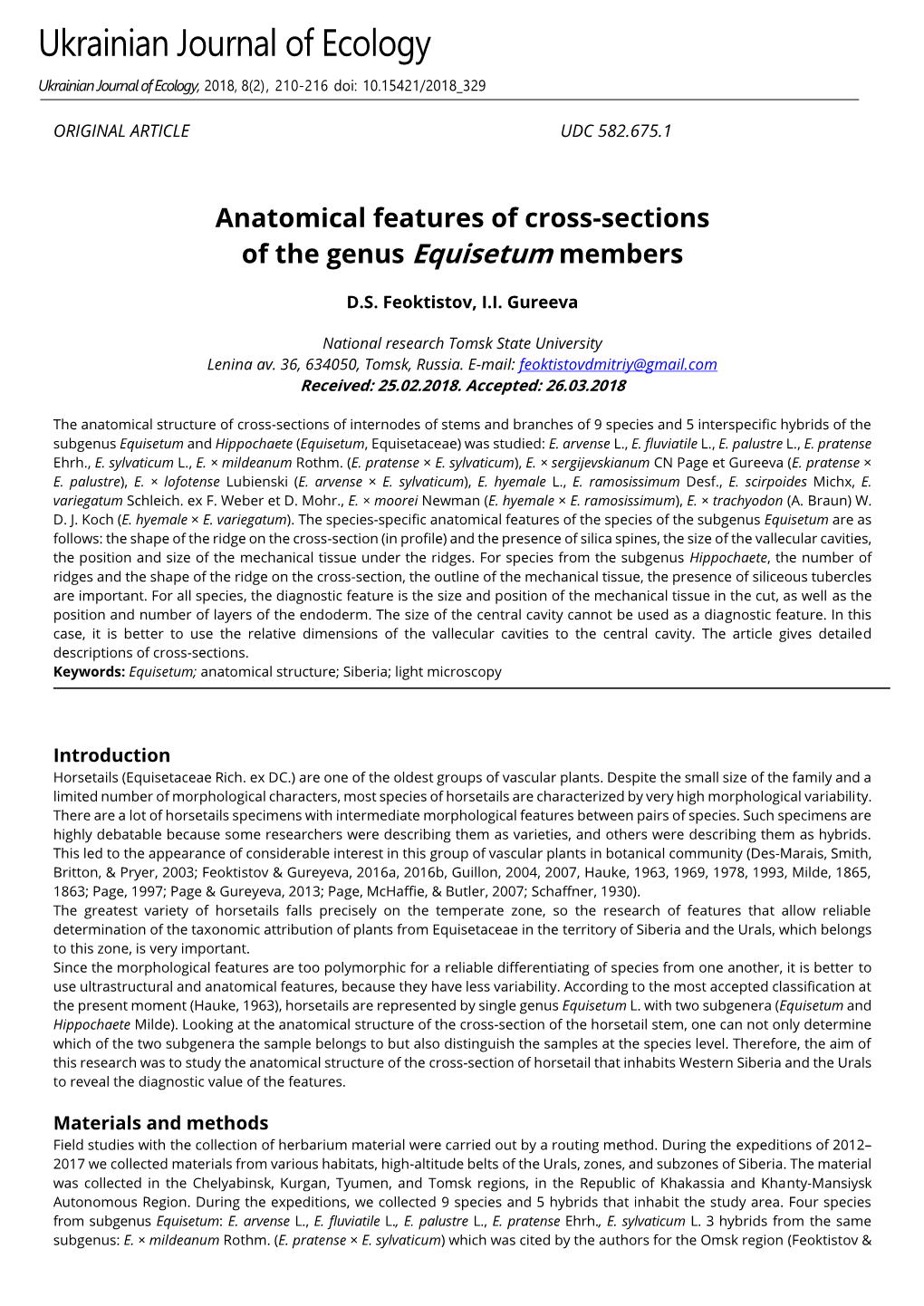 Anatomical Features of Cross-Sections of the Genus Equisetum Members