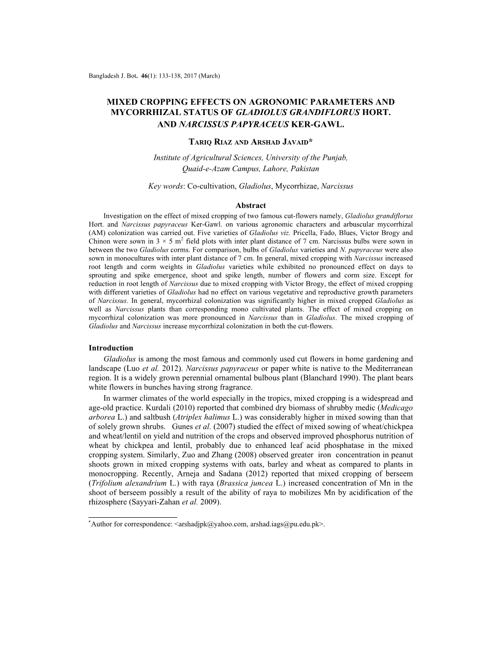 Mixed Cropping Effects on Agronomic Parameters and Mycorrhizal Status of Gladiolus Grandiflorus Hort