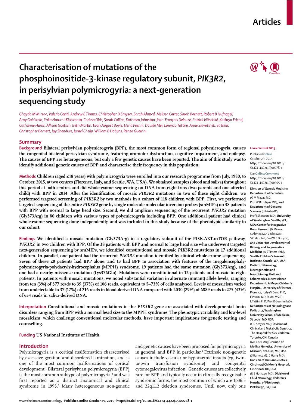 Characterisation of Mutations of the Phosphoinositide-3-Kinase Regulatory Subunit, PIK3R2, in Perisylvian Polymicrogyria: a Next-Generation Sequencing Study