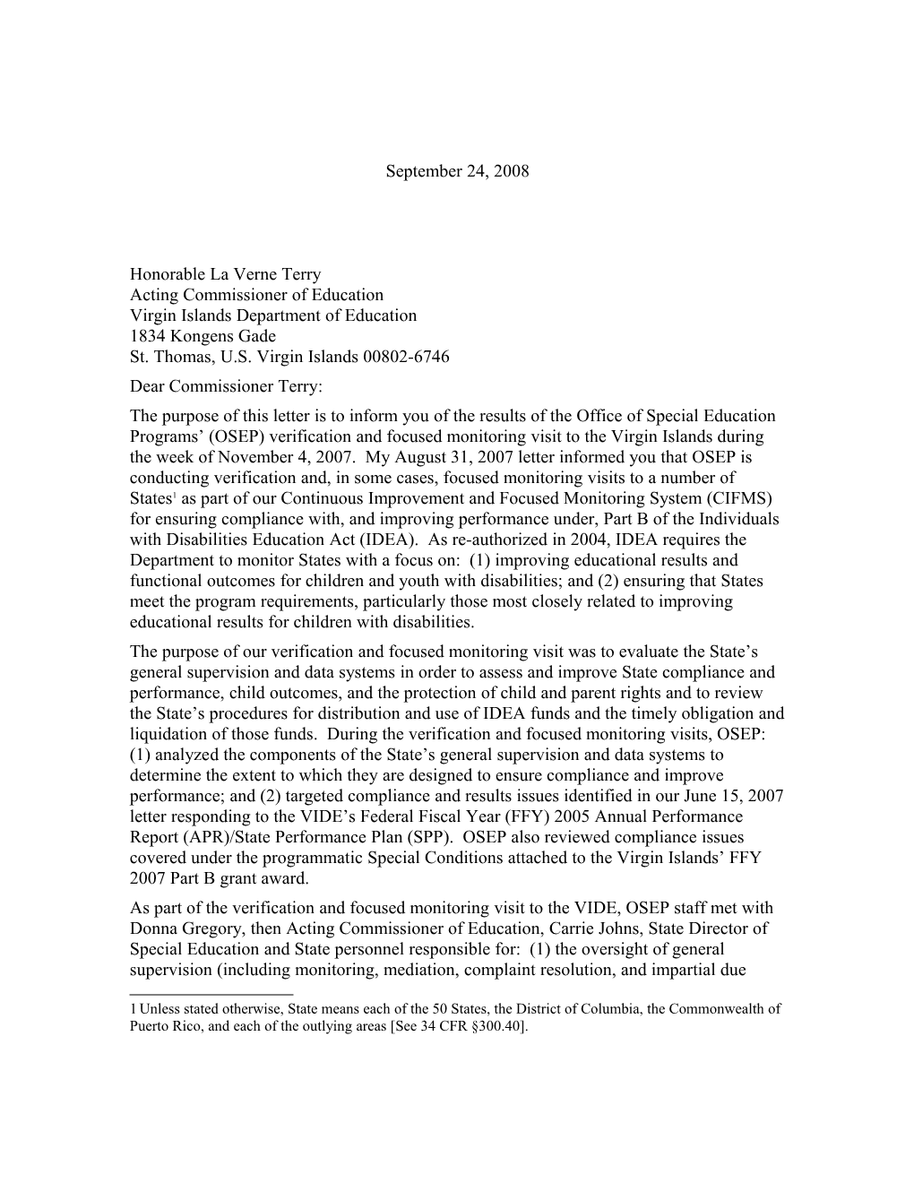 Virgin Island Part B Verification Visit Letter for Grant Year 2006-2007 (MS WORD)