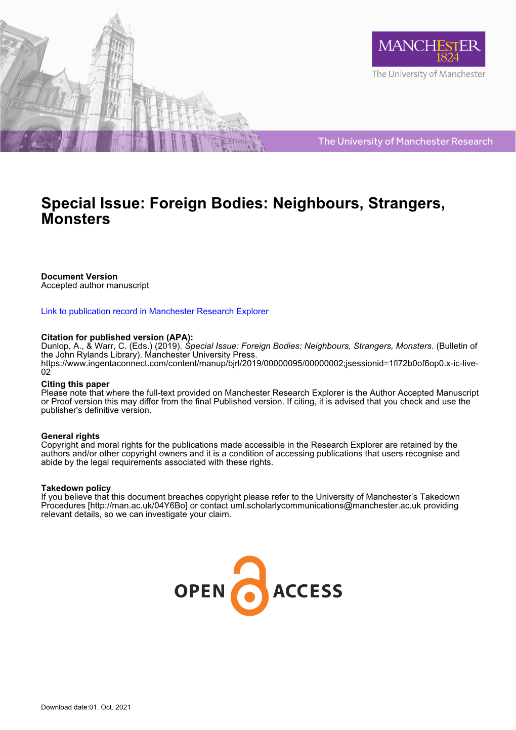 Special Issue: Foreign Bodies: Neighbours, Strangers, Monsters