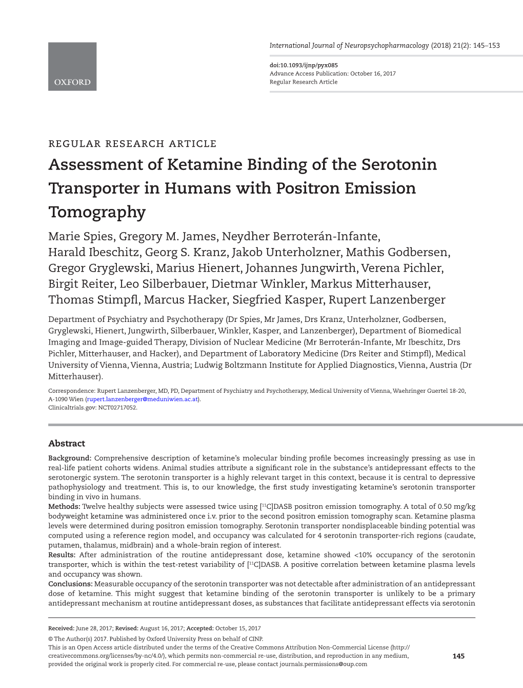 Assessment of Ketamine Binding of the Serotonin Transporter in Humans with Positron Emission Tomography Marie Spies, Gregory M