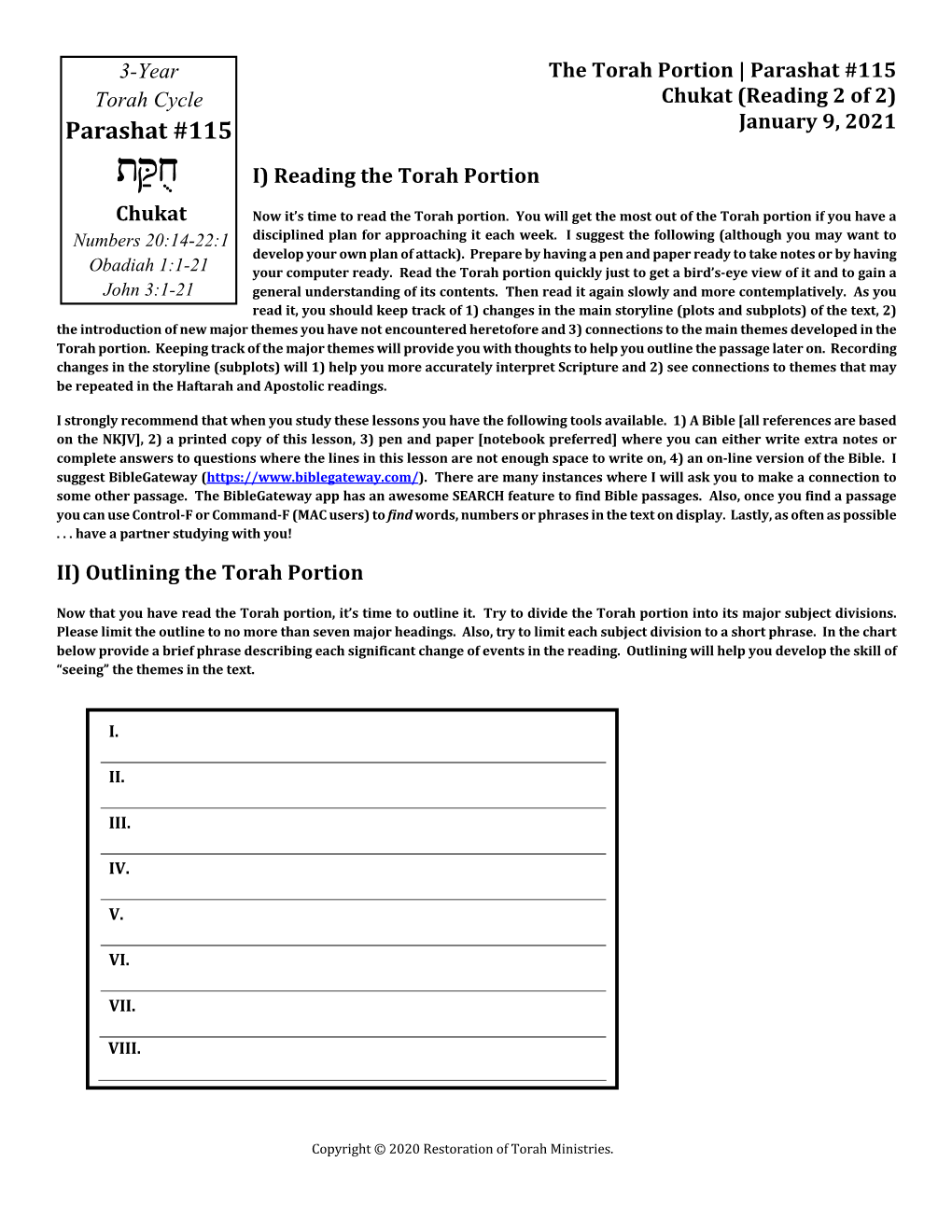 Parashat #115 Torah Cycle Chukat (Reading 2 of 2) Parashat #115 January 9, 2021