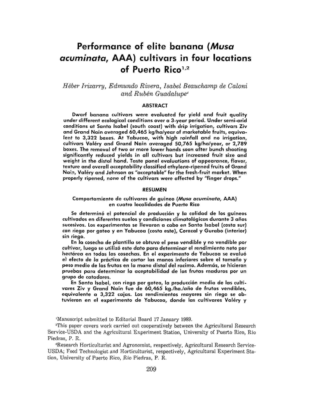 Performance of Elite Banana (Musa Acuminata, AAA) Cultivars in Four Locations of Puerto Rico12