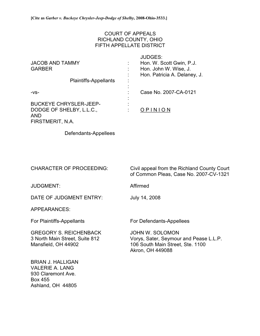 Garber V. Buckeye Chrysler-Jeep-Dodge of Shelby, 2008-Ohio-3533.]