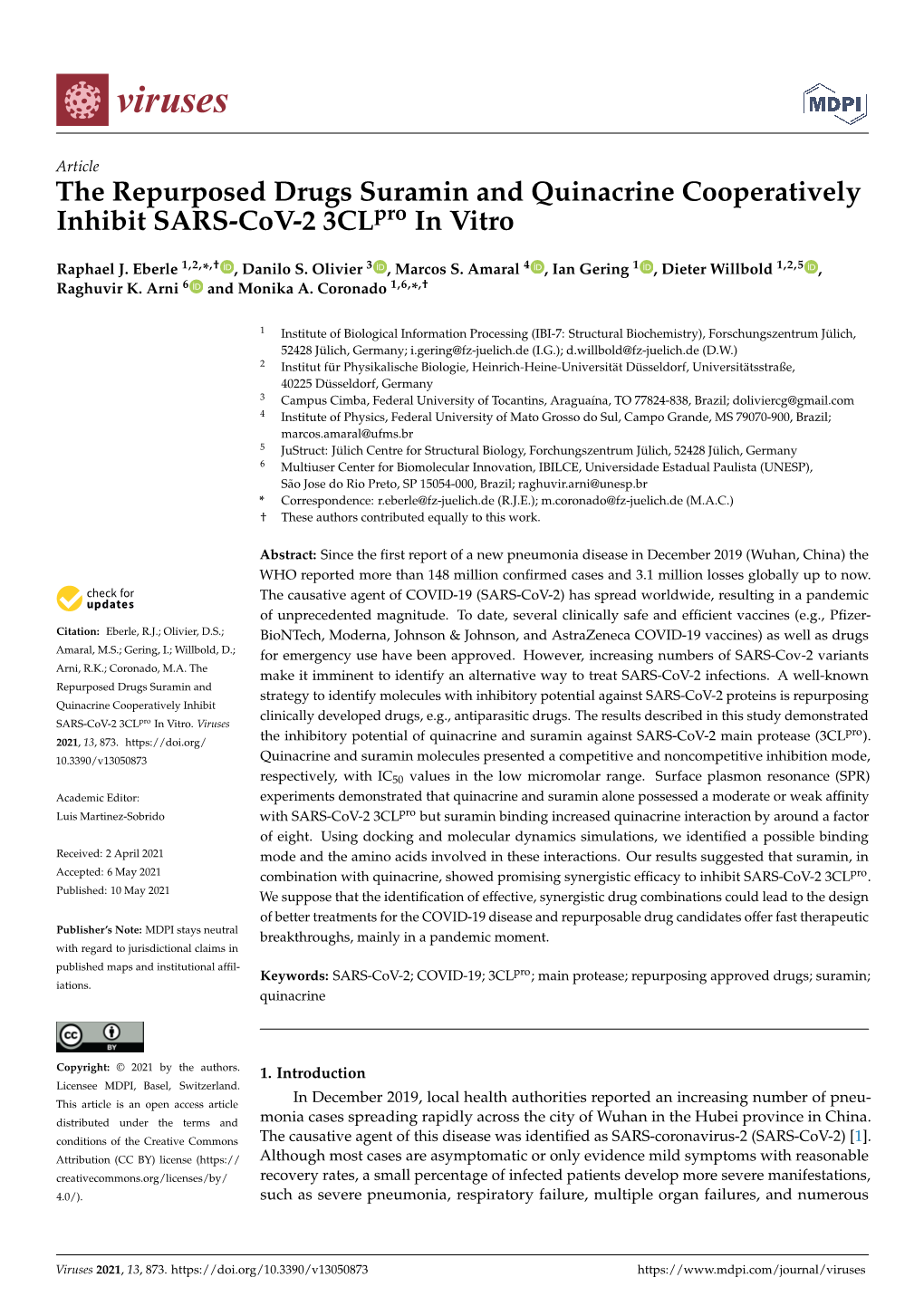 The Repurposed Drugs Suramin and Quinacrine Cooperatively Inhibit SARS-Cov-2 3Clpro in Vitro