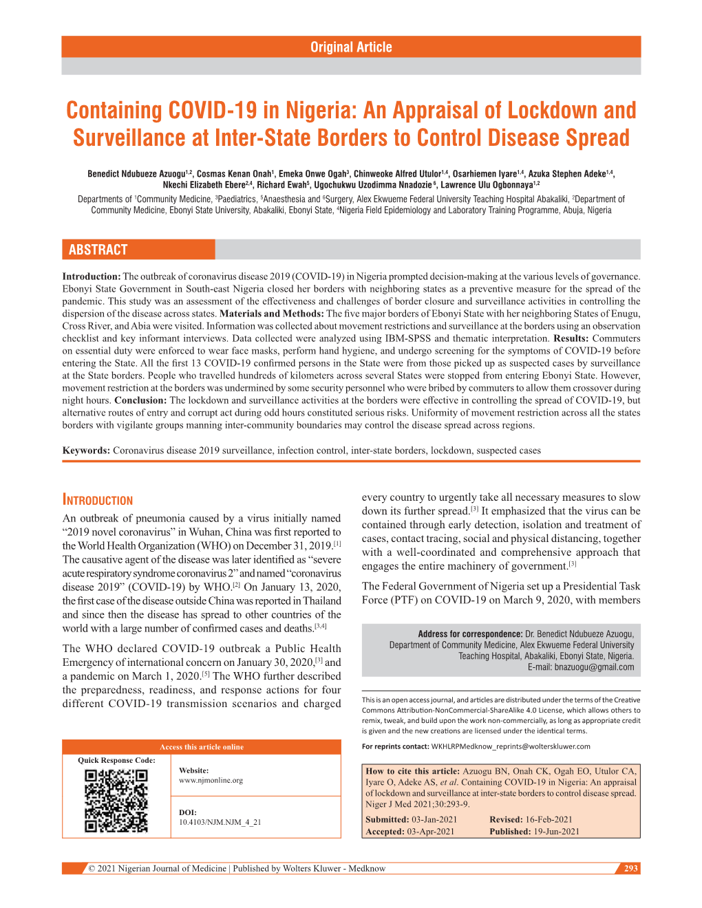 Containing COVID-19 in Nigeria: an Appraisal of Lockdown and Surveillance at Inter‑State Borders to Control Disease Spread