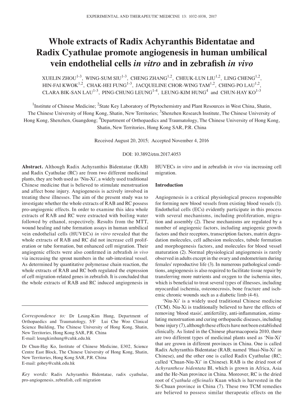 Whole Extracts of Radix Achyranthis Bidentatae and Radix Cyathulae Promote Angiogenesis in Human Umbilical Vein Endothelial Cells in Vitro and in Zebrafish in Vivo