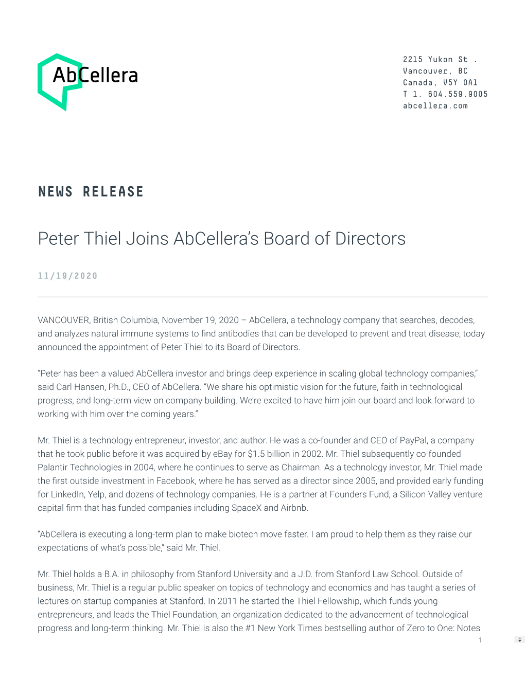 Peter Thiel Joins Abcellera's Board of Directors