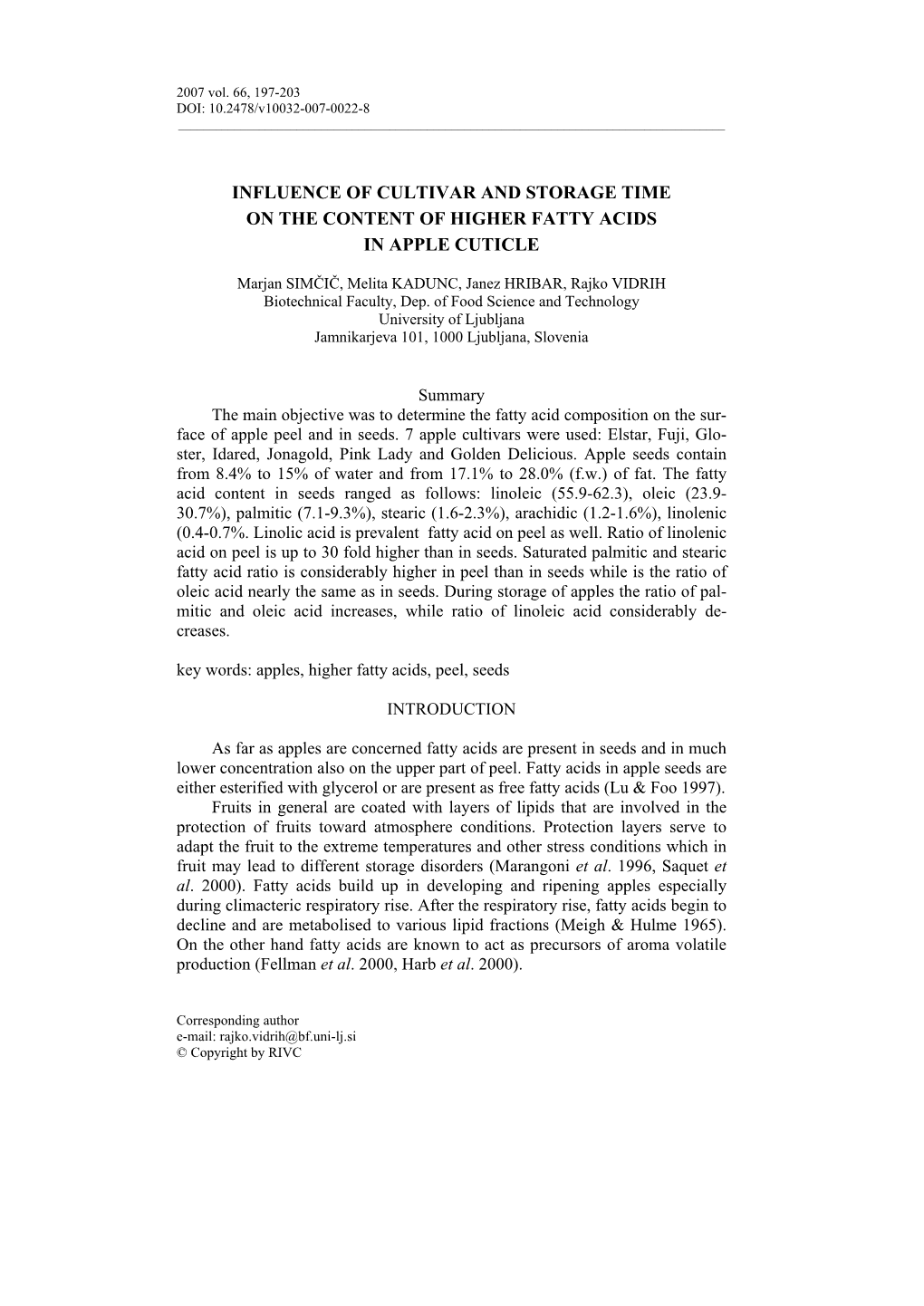 Influence of Cultivar and Storage Time on the Content of Higher Fatty Acids in Apple Cuticle